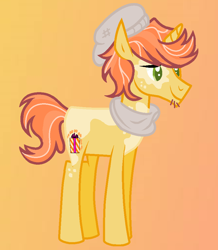 Size: 832x952 | Tagged: safe, artist:starfalldawn, imported from derpibooru, oc, oc only, oc:diced peaches, pony, unicorn, beanie, clothes, hat, male, orange background, scarf, simple background, solo, stallion