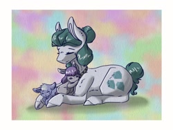 Size: 2048x1536 | Tagged: safe, artist:artfestation, imported from derpibooru, cloudy quartz, limestone pie, maud pie, earth pony, pony, abstract background, baby, baby pony, eyes closed, female, mare, mother and daughter, prone