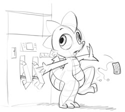 Size: 2005x1792 | Tagged: safe, artist:gsphere, imported from derpibooru, spike, dragon, derp, gas station, grayscale, male, monochrome, phone, simple background, solo, standing, standing on one leg, white background