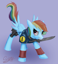 Size: 1100x1209 | Tagged: safe, artist:sigmatura, imported from derpibooru, rainbow dash, pegasus, pony, armor, auspex, bolter, carapace armor, combat knife, female, grenade, knife, mare, mouth hold, scout marine, simple background, solo, spread wings, ultramarine, warhammer (game), warhammer 40k, wings