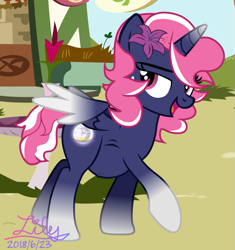 Size: 941x1000 | Tagged: safe, artist:lilybloom, imported from derpibooru, oc, oc only, oc:moonmist, alicorn, pony, belly button, commission, flower, freckles, horn, lily (flower), looking back, outdoors, pregnant, show accurate, solo, table, wings