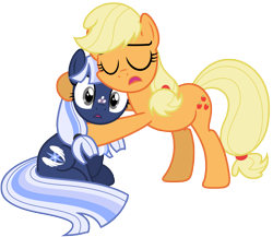 Size: 9567x8289 | Tagged: safe, artist:estories, imported from derpibooru, applejack, oc, oc:silverlay, original species, pony, unicorn, absurd resolution, canon x oc, female, hatless, lesbian, mare, missing accessory, shipping, silverjack, simple background, transparent background, umbra pony, vector