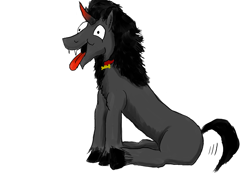 Size: 1024x709 | Tagged: safe, artist:horsesplease, imported from derpibooru, king sombra, pony, behaving like a dog, collar, fangs, i didn't listen, paint tool sai, panting, silly, silly pony, sitting, smiling, sombra dog, tail wag, tongue out, year of the dog