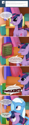 Size: 698x2990 | Tagged: safe, artist:dekomaru, imported from derpibooru, trixie, twilight sparkle, pony, unicorn, tumblr:ask twixie, ask, book, bookshelf, comic, female, implied pinkie pie, lesbian, magic, mare, shipping, telekinesis, tumblr, twixie