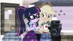 Size: 1280x720 | Tagged: safe, imported from derpibooru, screencap, applejack, sci-twi, twilight sparkle, equestria girls, equestria girls series, outtakes (episode), duo, female, glasses, hat