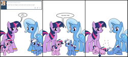 Size: 1822x812 | Tagged: safe, artist:dekomaru, edit, imported from derpibooru, trixie, twilight sparkle, oc, oc:aurora, oc:nebula, pony, unicorn, tumblr:ask twixie, ask, comic, female, filly, foal, horses doing horse things, lesbian, magical lesbian spawn, mare, offspring, parent:trixie, parent:twilight sparkle, parents:twixie, shipping, simple background, sleeping, tumblr, twixie, unicorn twilight, white background, z, zzz