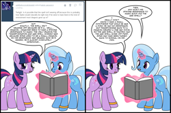 Size: 1220x812 | Tagged: safe, artist:dekomaru, edit, imported from derpibooru, trixie, twilight sparkle, pony, unicorn, tumblr:ask twixie, ask, book, comic, female, lesbian, magic, shipping, telekinesis, tumblr, twixie