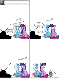 Size: 1212x1616 | Tagged: safe, artist:dekomaru, edit, imported from derpibooru, trixie, twilight sparkle, oc, oc:aurora, oc:nebula, pony, unicorn, tumblr:ask twixie, ask, comic, female, gak, lesbian, magical lesbian spawn, offspring, parent:trixie, parent:twilight sparkle, parents:twixie, shipping, television, tumblr, twixie