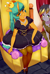 Size: 4000x6000 | Tagged: safe, artist:pijinpyon, imported from derpibooru, snails, oc, oc:aero, anthro, plantigrade anthro, unicorn, anklet, clothes, crossdressing, crown, dress, duo, glitter shell, jewelry, male, mary janes, necklace, offspring, pantyhose, parent:derpy hooves, parent:oc:warden, parents:canon x oc, parents:warderp, peasant, princess, regalia, throne, tongue out, trap