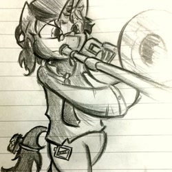 Size: 726x726 | Tagged: safe, artist:mr.candy_owo, imported from derpibooru, oc, oc only, oc:schwarz, semi-anthro, lined paper, musical instrument, solo, traditional art, trombone