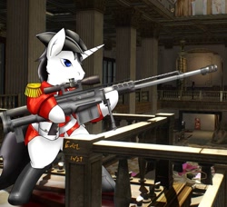 Size: 960x876 | Tagged: safe, artist:erict, imported from derpibooru, oc, oc only, oc:schwarz, pony, unicorn, barrett, bottomless, clothes, gun, hat, hooves, horn, male, optical sight, partial nudity, redcoat, rifle, sniper rifle, solo, stallion, weapon