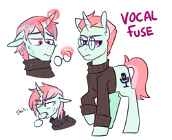 Size: 663x540 | Tagged: safe, artist:redxbacon, imported from derpibooru, oc, oc only, oc:vocal fuse, pony, unicorn, annoyed, clothes, curved horn, female, floppy ears, frown, glare, glasses, glasses off, horn, levitation, lidded eyes, magic, masculine, masculine mare, mouth hold, no catchlights, reverse trap, sad, shirt, simple background, solo, sweat, sweatdrop, sweater, telekinesis, turtleneck, unamused, vulgar, wavy mouth, wet, white background