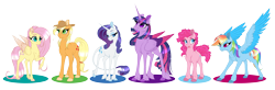 Size: 5307x1738 | Tagged: safe, alternate version, artist:peridotkitty, artist:silkensaddle, imported from derpibooru, applejack, fluttershy, pinkie pie, rainbow dash, rarity, twilight sparkle, alicorn, mane six, simple background, spread wings, transparent background, twilight sparkle (alicorn), wings