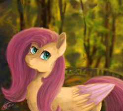 Size: 448x405 | Tagged: safe, artist:ottcat23, imported from derpibooru, fluttershy, pegasus, pony, chest fluff, colored wings, female, forest, mare, smiling, solo