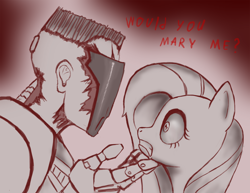 Size: 900x694 | Tagged: safe, artist:sigmatura, imported from derpibooru, fluttershy, pegasus, pony, crack shipping, crossover, grammar error, looking at each other, monochrome, quake 3 arena, scared, shipping, visor (quake)