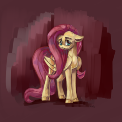 Size: 1500x1500 | Tagged: safe, artist:ottcat23, imported from derpibooru, fluttershy, pegasus, pony, abstract background, female, floppy ears, folded wings, head turn, looking at you, mare, smiling, solo, standing, turned head