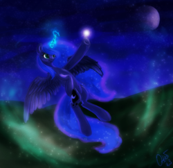 Size: 516x499 | Tagged: safe, artist:ottcat23, imported from derpibooru, princess luna, alicorn, pony, cutie mark, female, flying, glowing horn, magic, mare, moon, night, solo