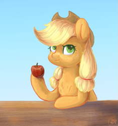 Size: 623x663 | Tagged: safe, artist:ottcat23, imported from derpibooru, applejack, pony, alternate hairstyle, apple, applejack's hat, chest fluff, cowboy hat, cute, female, food, freckles, hat, jackabetes, looking at you, mare, pigtails, solo