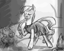 Size: 604x483 | Tagged: safe, artist:ottcat23, imported from derpibooru, coloratura, pony, clothes, concert, crying, dress, eyes closed, female, grayscale, mare, monochrome, open mouth, raised hoof, singing, solo, spotlight