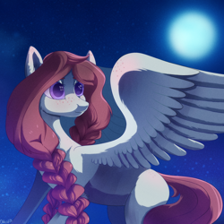 Size: 2000x2000 | Tagged: safe, artist:ottcat23, imported from derpibooru, oc, oc only, pegasus, pony, art trade, blank flank, braid, female, freckles, lidded eyes, mare, moon, night, smiling, solo, spread wings, stars, wings