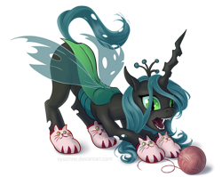 Size: 1240x987 | Tagged: safe, artist:vyazinrei, imported from derpibooru, queen chrysalis, changeling, changeling queen, behaving like a cat, catling, clothes, crown, female, jewelry, regalia, simple background, slippers, solo, transparent background, yarn, yarn ball