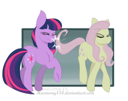 Size: 4000x3185 | Tagged: safe, artist:harmony134, imported from derpibooru, fluttershy, twilight sparkle, pony, unicorn, the return of harmony, discorded, duo, female, flutterbitch, mare, scene interpretation, scrunchy face, simple background, tail slap, tail whip, transparent background, unicorn twilight