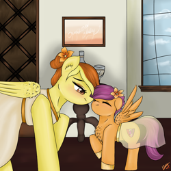 Size: 2830x2830 | Tagged: safe, artist:vinviasshine, imported from derpibooru, scootaloo, spitfire, bride, clothes, cutie mark, detailed background, dress, female, flower, flower girl, flower in hair, male, marriage, mother and daughter, nuzzling, request, shipping, soarinfire, straight, wedding, wedding dress