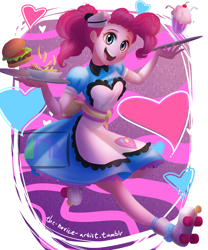 Size: 3000x3600 | Tagged: safe, artist:the-acolyte-artist, imported from derpibooru, pinkie pie, coinky-dink world, eqg summertime shorts, equestria girls, burger, cartoony, clothes, cute, diapinkes, dress, female, food, french fries, hamburger, happy, heart, milkshake, plate, roller skates, server pinkie pie, shake, smiling, solo