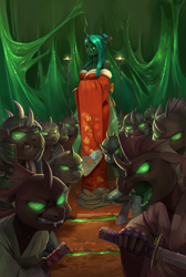 Size: 2097x3121 | Tagged: safe, artist:audrarius, imported from derpibooru, queen chrysalis, anthro, changeling, changeling queen, unguligrade anthro, angry, armor, bare shoulders, bipedal, breasts, busty queen chrysalis, clothes, fangs, female, glowing eyes, helmet, japanese, katana, kimono (clothing), looking at you, open mouth, samurai, smiling, smirk, sword, weapon