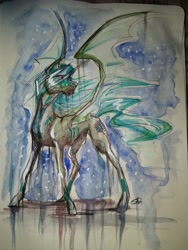 Size: 2976x3968 | Tagged: safe, artist:bluekite-falls, imported from derpibooru, oc, oc only, oc:lux arcana, alicorn, pony, alicorn oc, bat wings, solo, traditional art, watercolor painting
