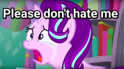 Size: 1280x714 | Tagged: safe, edit, edited screencap, imported from derpibooru, screencap, starlight glimmer, pony, unicorn, season 6, the crystalling, bronybait, crying, drama, female, image macro, meme, sad, sadlight glimmer, solo, starlight drama, text