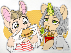 Size: 3590x2653 | Tagged: safe, artist:trickate, imported from derpibooru, oc, oc only, pegasus, pony, unicorn, big ears, burger, clothes, duo, eating, female, food, french fries, large ears, lidded eyes, long ears, magic, mare, mcdonald's, shirt, wing hands