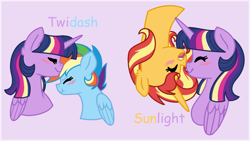 Size: 1801x1019 | Tagged: safe, artist:geekcoffee, imported from derpibooru, rainbow dash, sunset shimmer, twilight sparkle, alicorn, pegasus, pony, unicorn, base used, blushing, boop, cute, dashabetes, eyes closed, female, kissing, lesbian, noseboop, rainbow power, shimmerbetes, shipping, simple background, sunsetsparkle, twiabetes, twidash, twilight sparkle (alicorn)