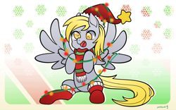 Size: 2362x1476 | Tagged: safe, artist:xenosaga428, imported from derpibooru, derpy hooves, pegasus, pony, blushing, christmas, christmas lights, clothes, cute, female, hat, holiday, mare, scarf, smiling, socks, solo