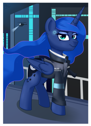 Size: 1535x2126 | Tagged: safe, artist:php97, imported from derpibooru, princess luna, alicorn, android, pony, clothes, connor, cosplay, costume, crossover, detroit: become human, female, folded wings, helicopter, jacket, lidded eyes, looking at you, mare, rk800, solo, wings