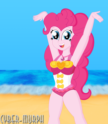 Size: 2784x3208 | Tagged: safe, artist:cyber-murph, imported from derpibooru, pinkie pie, equestria girls, equestria girls series, armpits, arms in the air, beach, clothes, cute, diapinkes, female, geode of sugar bombs, happy, hips, legs, ocean, one-piece swimsuit, pinkie pie's beach shorts swimsuit, solo, swimsuit