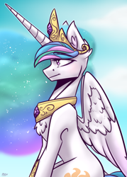 Size: 2500x3500 | Tagged: safe, artist:lrusu, imported from derpibooru, princess celestia, alicorn, pony, alternate hairstyle, chest fluff, cloud, ear fluff, female, fluffy, jewelry, long horn, mare, necklace, outdoors, pointed ears, side view, sitting, sky, solo, wings