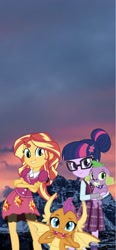 Size: 710x1536 | Tagged: safe, artist:php77, editor:php77, imported from derpibooru, sci-twi, smolder, spike, spike the regular dog, sunset shimmer, twilight sparkle, dog, equestria girls, 1000 hours in gimp, equestria girls in real life, family, irl, phone wallpaper, photo, wallpaper