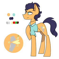 Size: 5511x5511 | Tagged: safe, artist:rainelathepegasus00, imported from derpibooru, oc, oc:jonagold, earth pony, pony, absurd resolution, clothes, description is relevant, magical lesbian spawn, male, offspring, parent:applejack, parent:coloratura, parents:rarajack, reference sheet, shirt, simple background, stallion, white background