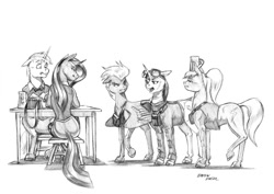 Size: 1500x1062 | Tagged: safe, artist:baron engel, imported from derpibooru, oc, oc only, oc:bloodfeather, oc:phoenix, oc:purple marten, oc:quick silver, oc:trotter, pony, bowtie, grayscale, head carry, large wings, monochrome, mug, open mouth, pencil drawing, simple background, story in the source, traditional art, white background, wings