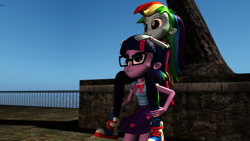 Size: 1920x1080 | Tagged: safe, artist:aryatheeditor, imported from derpibooru, rainbow dash, sci-twi, twilight sparkle, equestria girls, 3d, clothes, converse, female, glasses, humans riding humans, pants, piggyback ride, rainbow dash riding twilight, riding, shoes, sneakers, source filmmaker