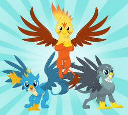 Size: 3505x3172 | Tagged: safe, artist:porygon2z, imported from derpibooru, gabby, gallus, oc, oc:blaze, griffon, griffon trio