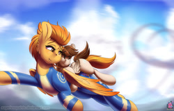 Size: 1943x1240 | Tagged: safe, artist:sugarlesspaints, imported from derpibooru, featherweight, spitfire, pegasus, pony, blurred background, blurry, blurry background, blushing, carrying, clamping, clothes, cloud, cloudy, colt, commission, cute, duo, featherweight riding spitfire, female, flying, holding a pony, holding onto someone, hug, lidded eyes, looking back, male, mare, multiple variants, raised arm, riding, scared, sky, smiling, suit, uniform, wonderbolts uniform