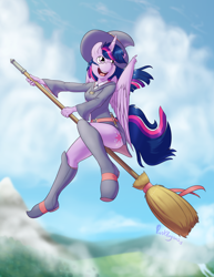 Size: 1400x1811 | Tagged: safe, artist:punk-pegasus, imported from derpibooru, twilight sparkle, alicorn, anthro, plantigrade anthro, anime, belt, boots, broom, clothes, crossover, cute, dress, female, flying, flying broomstick, hat, little witch academia, miniskirt, open mouth, shoes, side slit, skirt, skirt lift, smiling, solo, thighs, twiabetes, twilight sparkle (alicorn), witch, witch hat