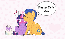 Size: 1380x833 | Tagged: safe, artist:miyathegoldenflower, imported from derpibooru, flash sentry, twilight sparkle, alicorn, blushing, blushing profusely, cheek fluff, chest fluff, exclamation point, female, flashlight, floppy ears, forehead kiss, heart, heart eyes, male, shipping, speech bubble, straight, twilight sparkle (alicorn), white day, wingding eyes