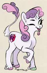 Size: 1559x2401 | Tagged: safe, artist:rubyorion, imported from derpibooru, sweetie belle, classical unicorn, pony, unicorn, cloven hooves, colored hooves, cutie mark, facial hair, female, filly, goatee, leonine tail, one eye closed, raised hoof, solo, the cmc's cutie marks, unshorn fetlocks, wink