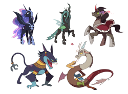 Size: 1200x885 | Tagged: safe, artist:raichi, artist:ssalrobyul, imported from derpibooru, ahuizotl, discord, king sombra, nightmare moon, queen chrysalis, ahuizotl (species), alicorn, changeling, changeling queen, draconequus, pony, unicorn, adorabolical, ahuidorable, antagonist, cute, cutealis, discute, female, male, mare, moonabetes, simple background, sombradorable, spread wings, stallion, white background, wings