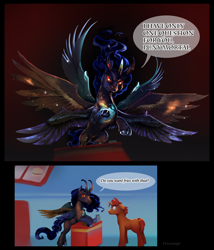 Size: 3600x4200 | Tagged: safe, alternate version, artist:viwrastupr, imported from derpibooru, oc, oc only, oc:silfurbor negla, unnamed oc, pony, unicorn, burger, colored hooves, colored wings, comic, customer service, floppy horn, food, limp horn, mood whiplash, multicolored hair, multicolored wings, multiple horns, multiple wings, terrified, text