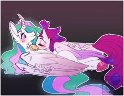 Size: 1350x1050 | Tagged: safe, artist:pastel-pony-pictures, imported from derpibooru, princess celestia, queen novo, alicorn, classical hippogriff, hippogriff, pony, my little pony: the movie, blushing, chest fluff, curved horn, eyes closed, female, lesbian, mare, novolestia, quadrupedal, shipping, simple background