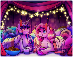 Size: 1688x1313 | Tagged: safe, artist:pastel-pony-pictures, imported from derpibooru, pinkie pie, twilight sparkle, alicorn, earth pony, pony, :p, blanket, bowl, chest fluff, chocolate, cloven hooves, cookie, cup, cute, diapinkes, duo, eyebrows visible through hair, female, food, hot chocolate, mare, mug, prone, silly, stars, tongue out, twiabetes, twilight sparkle (alicorn)